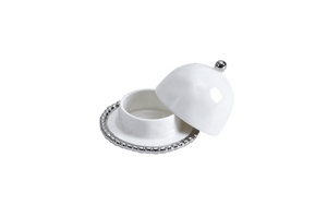 Round Covered Butter Dish - White with silver Finish