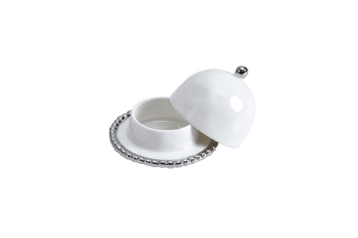 Round Covered Butter Dish - White with silver Finish