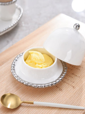 Round Covered Butter Dish - White with silver Finish