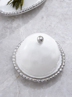 Round Covered Butter Dish - White with silver Finish