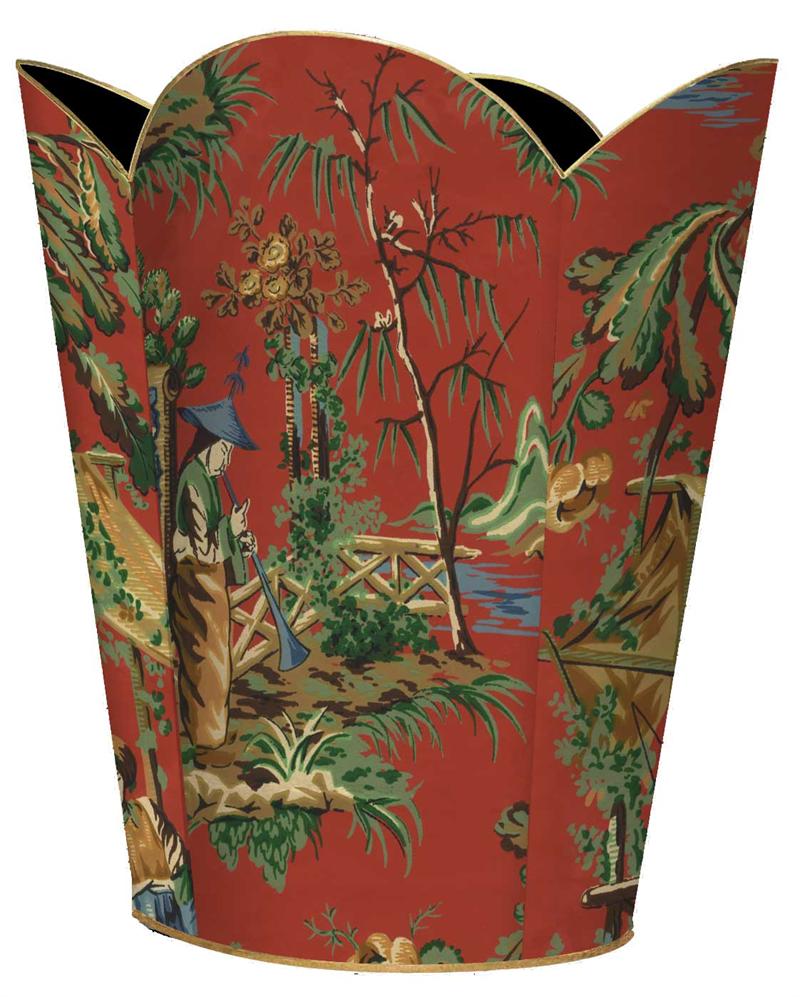 Red Chinoiserie Wastebasket